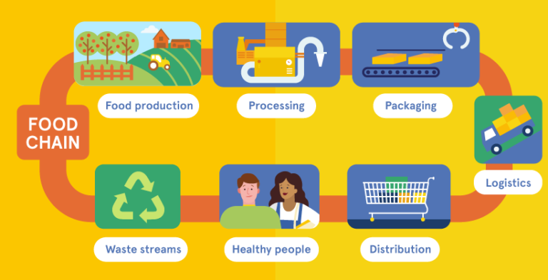 The food system is illustrated as a circular process with pictures for each of the stages: Food production (a farm); Processing (a factory); Packaging (a production line); Logistics (a lorry carrying a load); Distribution (a filled supermarket trolley); Healthy people (a man and a woman); Waste streams (a recycling symbol)