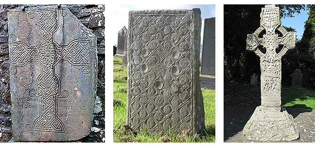 figures 6-8, the Grave slab at Tullylease, a decorated structural stone from Lemonaghan, Co. Offaly, and the ‘Tower cross' from Kells, respectively