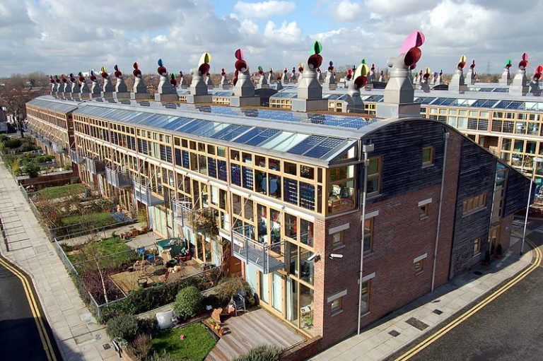 Photo showing BedZed sustainable housing including solar panels on the roof