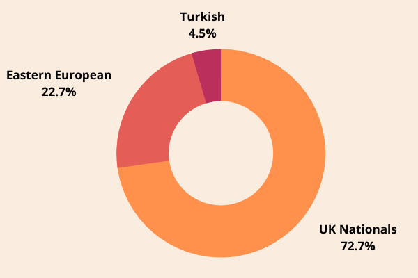 Graph showing nationalities of the participants in the study - 72.7% were UK nationals, 22.7% were Eastern European, and 4.5% were Turkish.