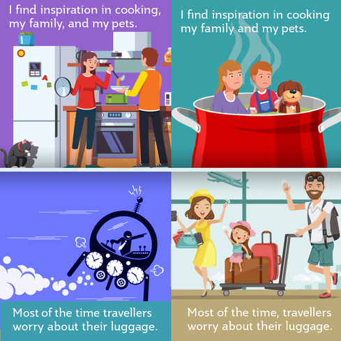 Four images in a grid – square 1: image of family cooking, square 2 image of family in a pot, square 3 image of time traveller, square 4 image of travellers with luggage