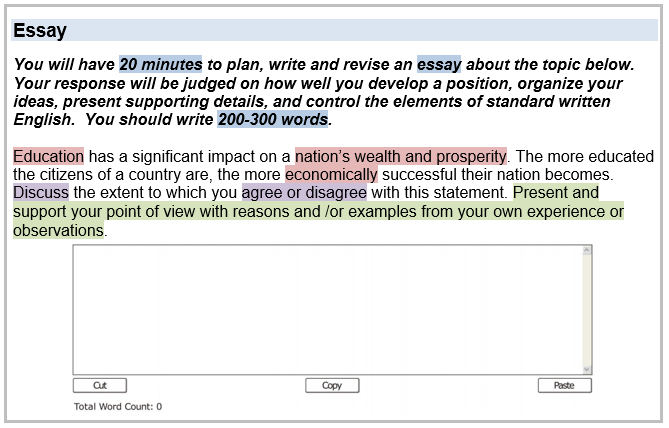 The following text with task and direction words highlighted : You will have 20 minutes to plan, write and revise an essay about the topic below. Your response will be judged on how well you develop a position, organize your ideas, present supporting details, and control the elements of standard written English. You should write 200-300 words. Education has a significant impact on a nation’s wealth and prosperity. The more educated the citizens of a country are, the more economically successful their nation becomes. Discuss the extent to which you agree or disagree with this statement. Present and support your view with reasons and /or examples from your own experience or observations.