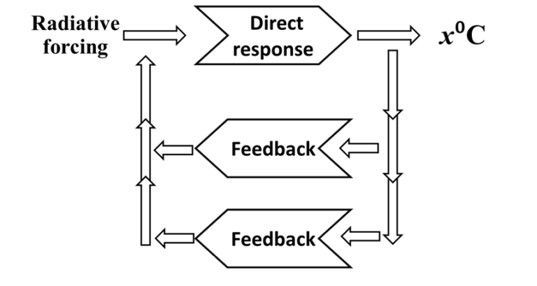 Feedback diagrams for radiative forcing with the direct response and multiple feedbacks.