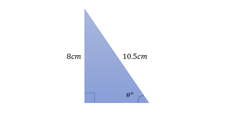 In this image there is a right-angled triangle. The right-angle is labelled with a square, there is another angle which is labelled as theta degrees. The side opposite to the right-angle is labelled as 10.5 cm. The side that is opposite the angle of theta degrees is labelled as 8 cm.