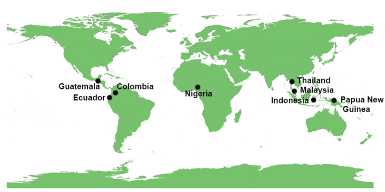 World map showing location of Malaysia, Indonesia, Thailand, Colombia, Nigeria, Guatemala, Ecuador and Papua New Guinea
