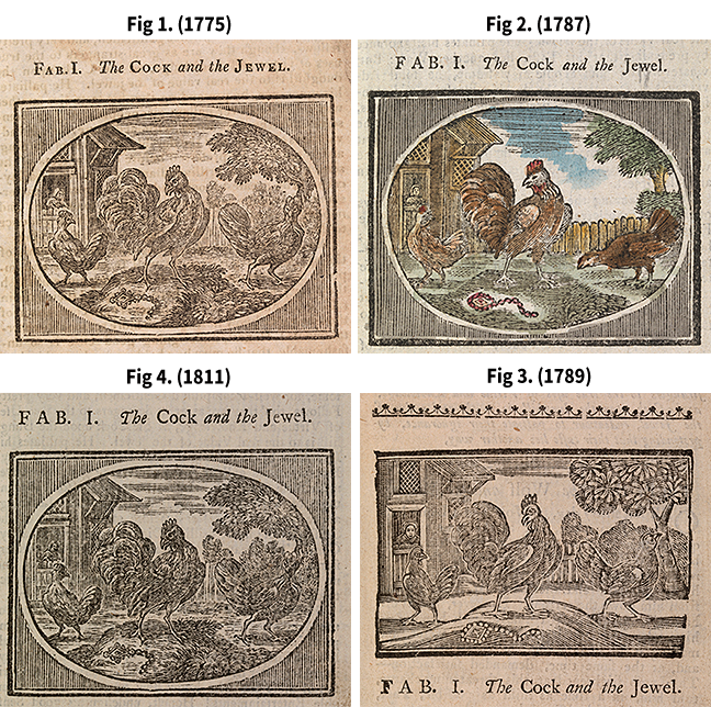 Four images from four versions of Aesops Fabels