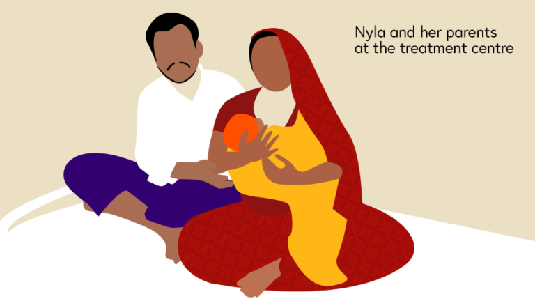 Illustration of baby Nyla and her parents at the treatment centre a few weeks after she was born
