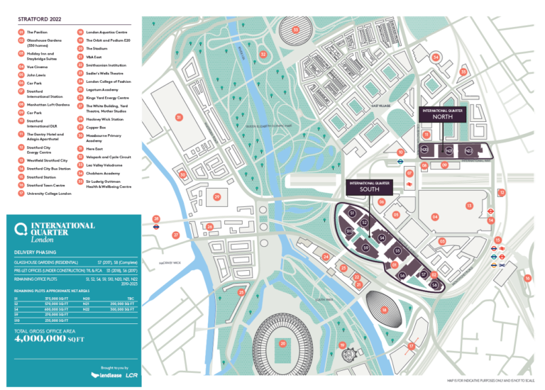 IQL site map shows location of buildings on the IQL development in relation to local amenities including stadium and parks.