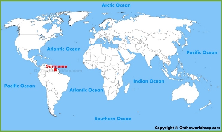 Suriname on world map. @Ontheworldmap.com