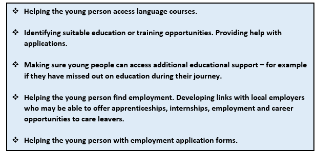 Learning and Work: this graphic is a list of points. 1 Helping the young person access language courses. 2 Identifying suitable education or training opportunities. Providing help with applications. 3 Making sure young people can access additional educational support - for example if they have missed out on education during their journey. 4 Helping the young person find employment. Developing linnks with local employers who may be able to offer apprenticeships, internships, employment and career opportunities to care leavers. 5 Helping the young person with employment application forms