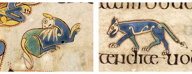 Figures 2 - 3, Folios 183v and 76v, from the Book of Kells, depictions of cats