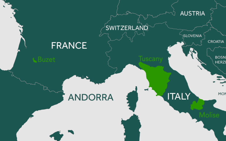 A map of Italy and France, highlighting the following 3 places: Vineyards in Buzet, France; olive groves in Tuscany, Italy, and beech forests in Molise, Italy