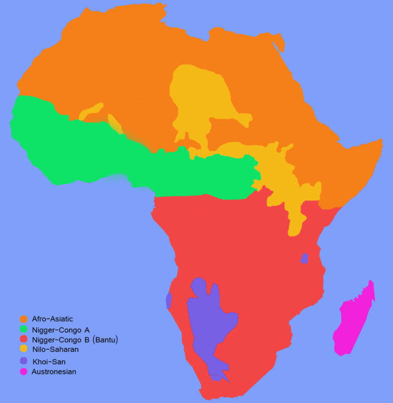 The figure shows a map of Africa with the distribution of Bantu languages. It is the most important linguistic family in Africa and encompasses most of Sub Saharan Africa except the region occupied by Khoisan (Kalahari desert) and th Nilo-Saharan family, South of Sahara, around the Nile river, along some part of the Sahel in the South of Sahara.