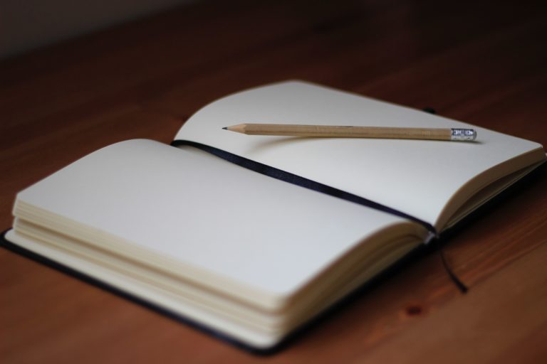 Blank journal open with a pen on