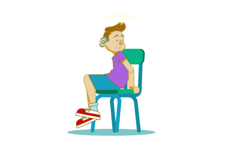 An illustration of a boy sitting on a wooden chair. He has a hearing aid. He is twisting in his seat to look behind him
