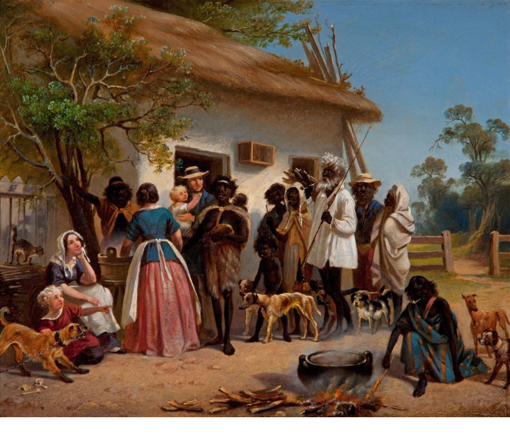 German settlers and Aboriginal people gathered outside a settler's house; a lot of dogs are in the scene