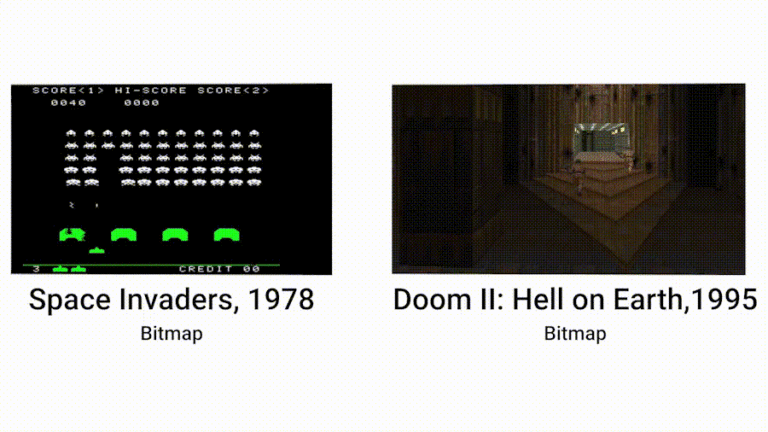 An animated gif showing the a comparison of bitmap games: Space Invaders and Doom 2