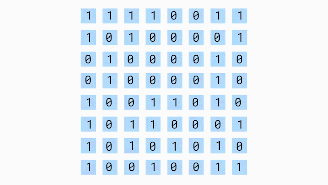 An 8x8 array of blue boxes representing memory cells. A black 1 or 0 is visible on each cell, and these are all changing independently.