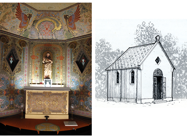 Figures 1 and 2. The high altar in the oratory and an artist's impression of its original exterior