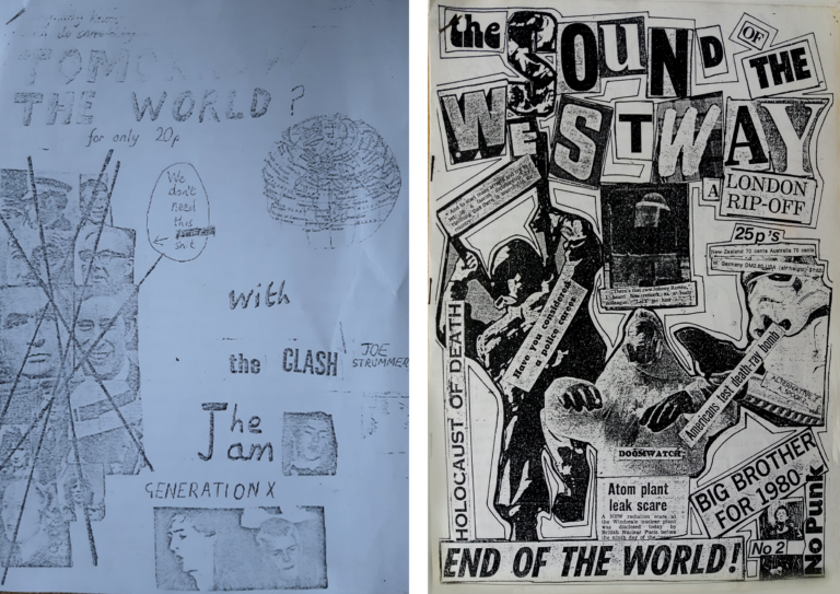 front pages from two fanzines featuring poorly photocopied black and white photos, 'ransom note' lettering, crossings out and annotations