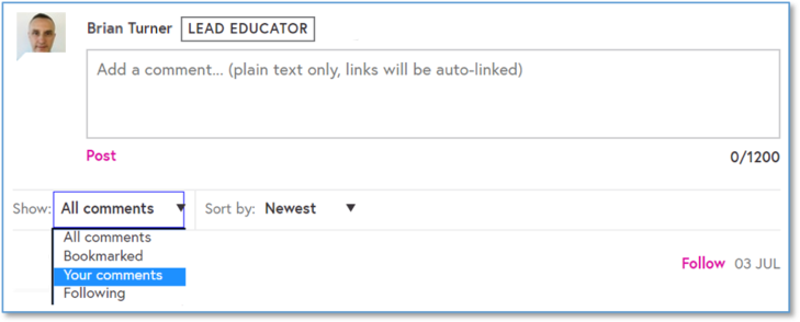 A screen shot of the discussion area with the comment box appearing and a dropdown menu appearing when selecting 'Show' where you can filter the list of comments to either 'all comments', 'bookmarked', 'your comments' and 'following'