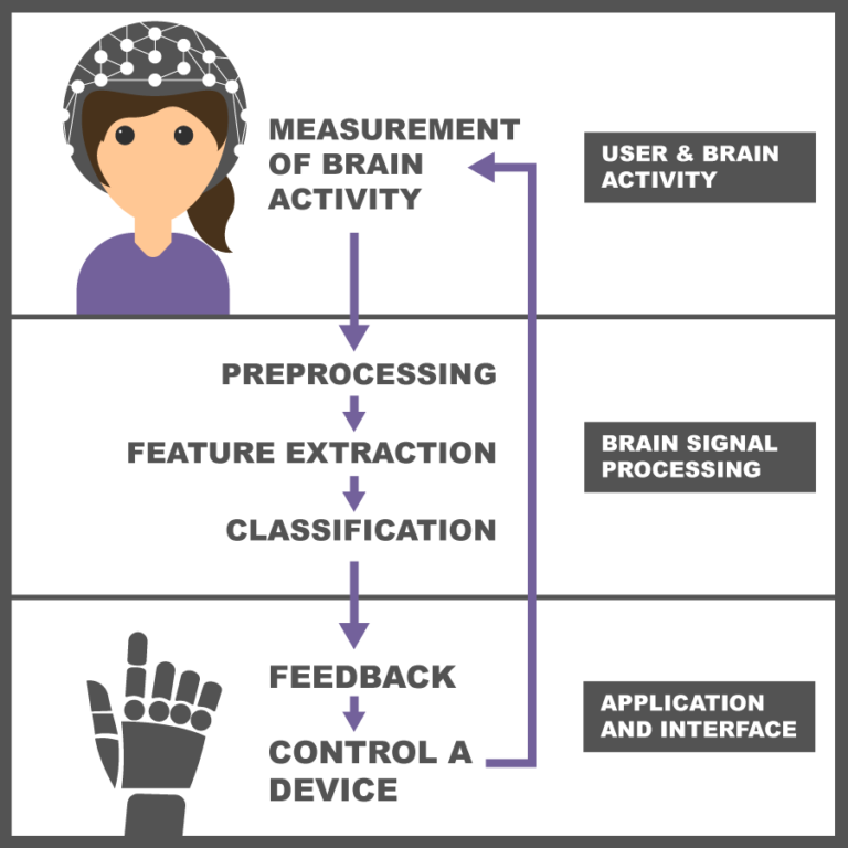 A diagram that shows the flow between the seven stages of using a BCI system - measurement of brain activity, preprocessing, feature extraction, classification, feedback, control a device - feeding back again into measurement of brain activity