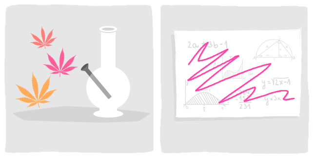 image 1. Illustration of a drugs paraphernalia and cannabis leaves. image 2. Illustration of a sheet of paper containing different formula equations, which have been scribbled out