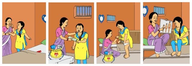 1: Bishesta shows Perana menstrual blood in her bed. Bishesta looks concerned. 2. Perana hands Bishesta a menstrual cloth from the full yellow menstrual storage bag 3. Perana shows Bishesta how to place the menstrual cloth in her underwear. The full yellow menstrual storage bag is in the foreground 4. Perana shows Bishesta a picture of how a girl develops physically during puberty and that she menstruates. Bishesta looks engaged and Perana is smiling.