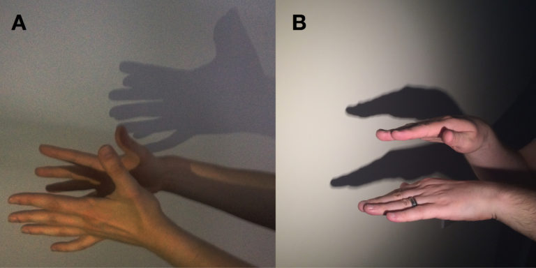 The shadow of two hands illustrating in (a) the fingers of the hands are observed in the shadows and (b) the fingers of the hands are not visible in the shadows