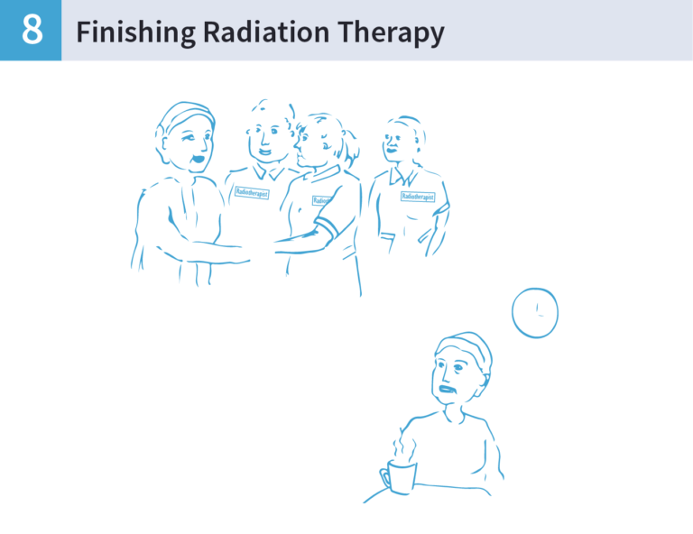 An illustration of a woman shaking hands with the Radiation Therapy team and then sitting at a desk drinking a cup of tea.
