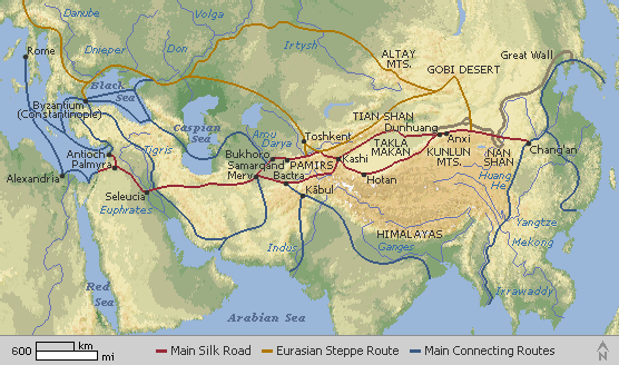 Map showing the main trade routes between China and Europe, called the Silk Road