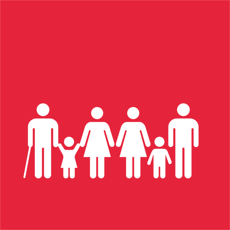 Family icons holding hands on a red background