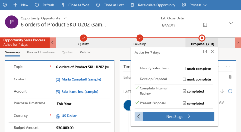 Screenshot of stages in the Sales Business Process
