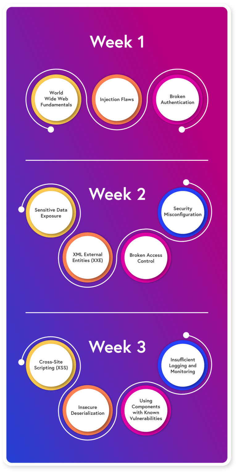 Week 1: World Wide Web Fundamentals, Injection Flaws, Broken Authentication. Week 2: Sensitive Data Exposure, XMP External Entities (XXE), Broken Access Control, Security Misconfiguration. Week 3: Cross-Site Scripting (XSS), Insecure Deserialization, Using Components with Known Vulnerabilities, Insufficient Logging and Monitoring