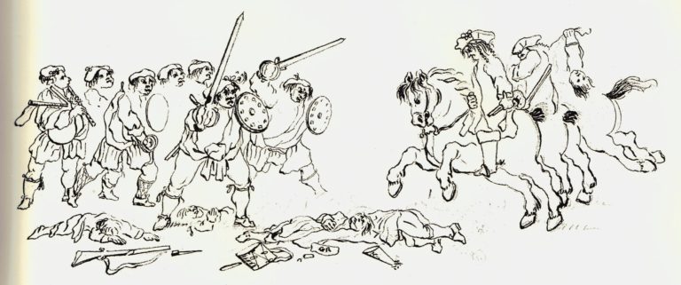 contemporary drawings show a mixture of humor, caricature and fear towards the clansmen and chiefs