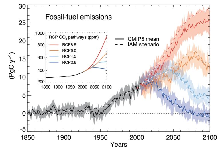 4 different scenarios of carbon emissions from 2000 to 2100. RCP 2.6 shows that carbon emissions will peak at 10 PgC per year by 2020 and decline to 0 by 2100. RCP 4.5 shows that carbon emissions will 12 PgC per year by 2040 and decline to 5 by 2100. RCP 6.0 shows that carbon emissions will peak at 18 PgC per year by 2075 and decline to 14 by 2100. RCP 8.5 shows that carbon emissions will not peak before 2100, but continue rising beyond the end of the century. 