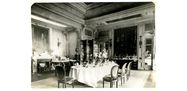 19th-century dining room of Jamsetji Tata Black and white photograph of an ornate dining room from the late 19th century