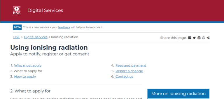screenshot of webpage on 'Using ionising radiation' on HSE Digital Services