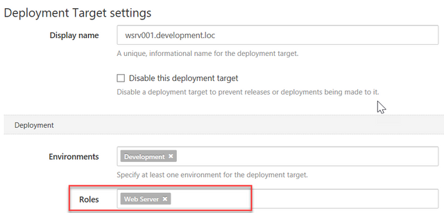 graphical representation of deployment target settings for specifying roles