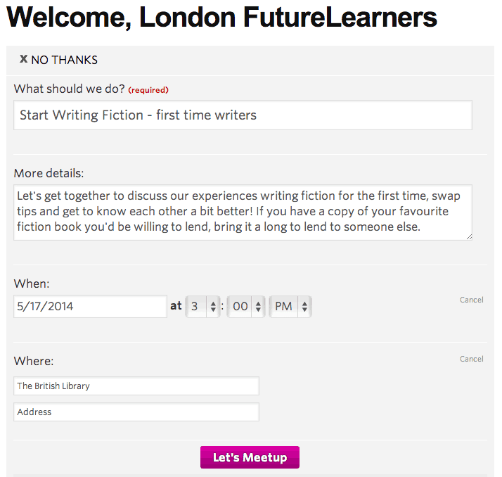 An example of a form to create a meetup on Meetup.com, including title, description, location and date fields.
