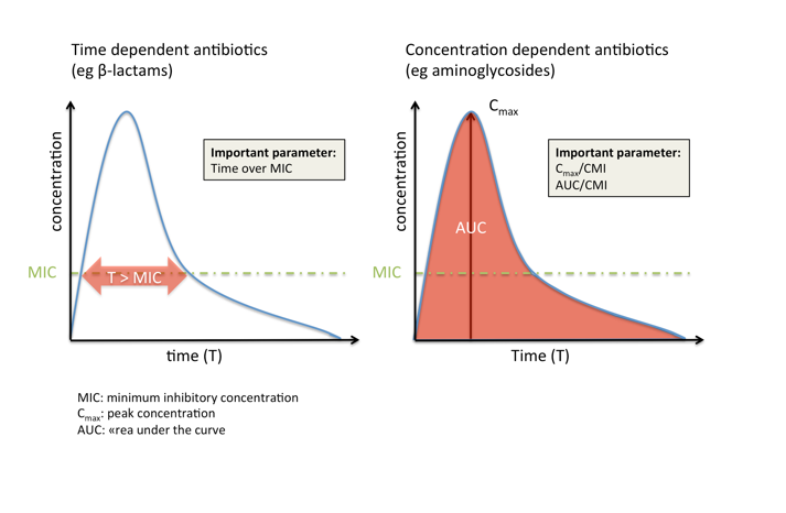 Здесь показаны два графика: один представляющий антибиотики, зависящие от времени, и другой, представляющий антибиотики, зависящие от концентрации. Для антибиотиков, зависящих от времени, минимальная ингибирующая концентрация отображается как линия МИК, рассекающая кривую время/МИК (концентрация по оси Y, по оси X – время. Для антибиотиков зависящих от концентрации на графике показывается концентрация по оси Y и время по оси X с максимальной концентрацией Cmax на вершине кривой и MИК ниже области под кривой