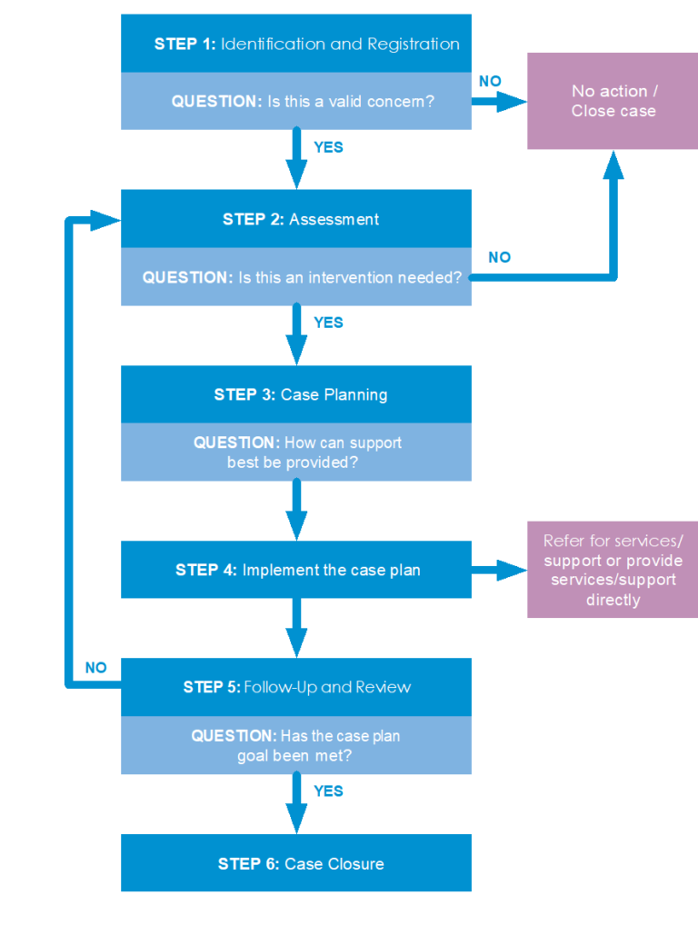 diagramme of the six steps of child protection case management specified below