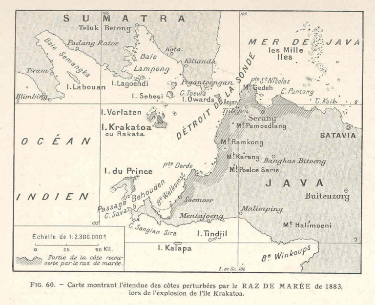 A map from 1883 of Krakatoa island showing its location inbetween the islands of Java and Sumatra