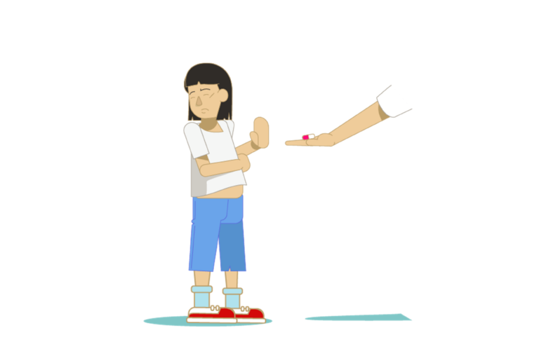 An illustration of a girl with Down syndrome who has her arms crossed and is turning away from a hand with two pills