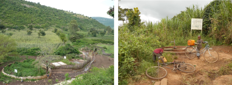 Groundwater resources: photo of spring in Ethiopia and hand pump on hand dug well in Tanzania.
