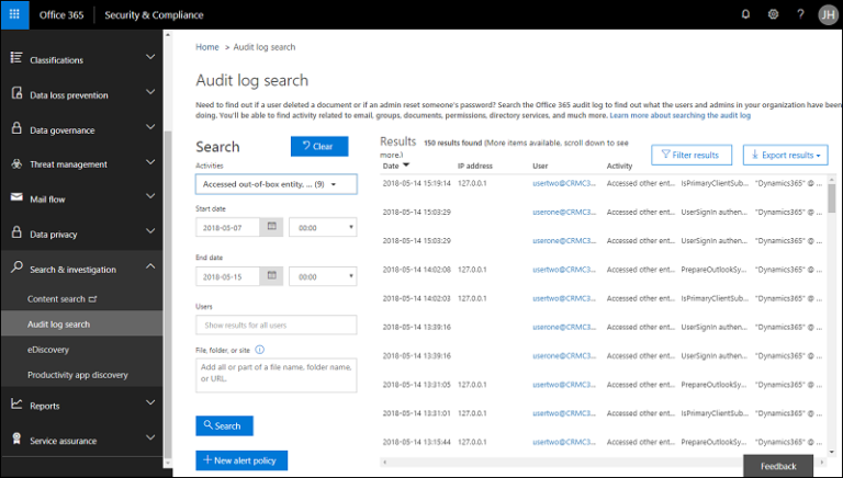 image "Screenshot of the Office 365 Security and Compliance Center Unified Audit Log with focus on the Audit log search"