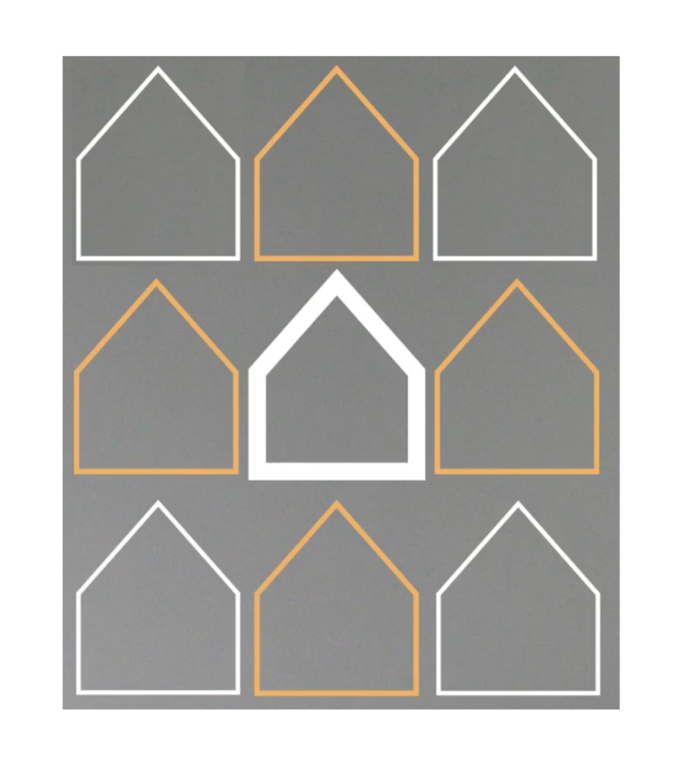 Three rows and three columns of schematic houses. The houses in the corners and the house in the centre (2nd column, 2nd row) is white. The house in the centre has bold borders. Other houses are light brown