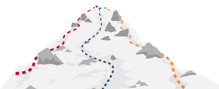 A mountain with several different, winding paths to the summit.
