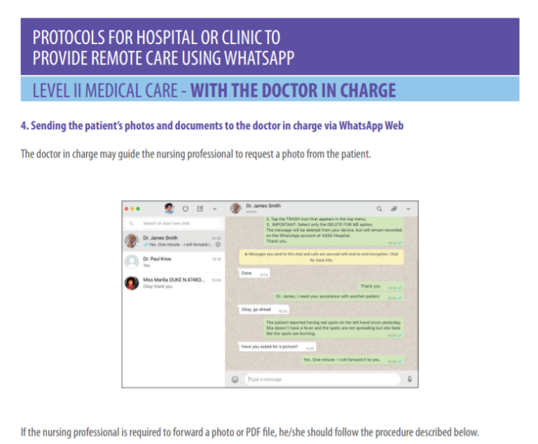 Second screengrab from a manual that talks about how WhatsApp can be used to provide patients with care, the screengrab shows instructions for setting up a WhatsApp chat in order to provide care for the patient via the messaging app