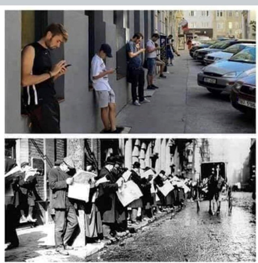 Screengrab of a meme that was widely shared in Italy at the time of fieldwork, showing the contrast between today's generation and previous generations, in the top panel we can see several young men standing on a street and looking down into their smartphones, this is then contrasted with a black and white photo in the bottom panel which depicts older generations in the same position, standing and looking down, only this time it is looking down at their newspapers, which they are reading - a cart and horses can also be seen on the street.